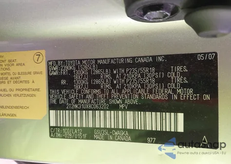 2008 Lexus Rx 350 z USA, uszkodzony, nr VIN 2T2HK31UX8C063202